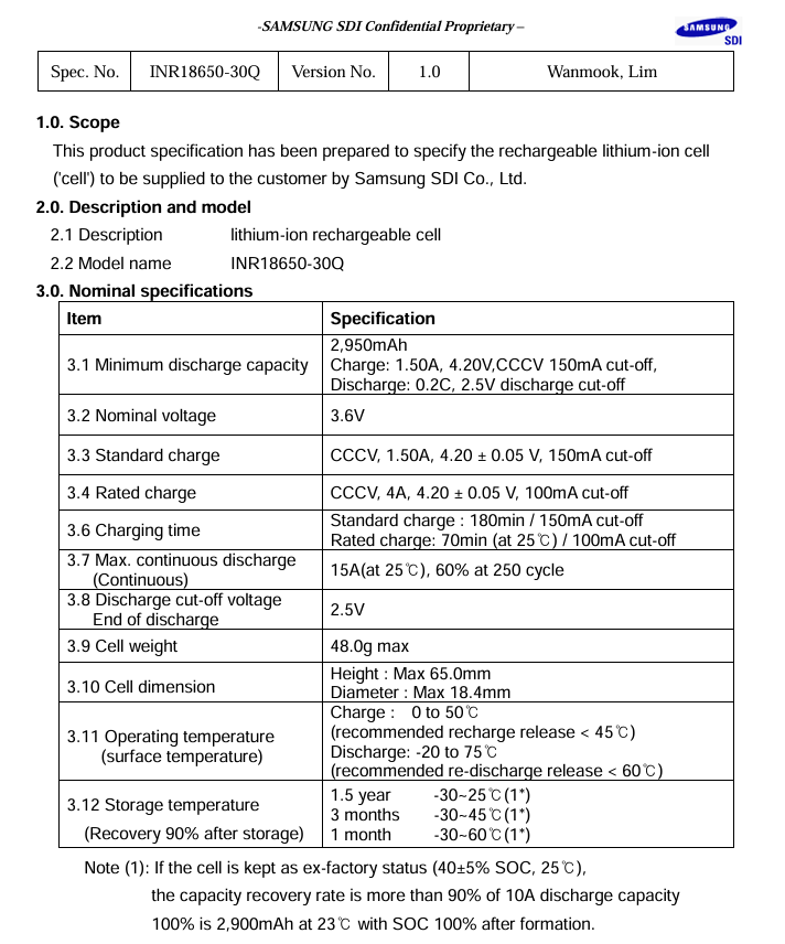 Samsung High Discharge 30Q 18650 3000mah  Module - New !